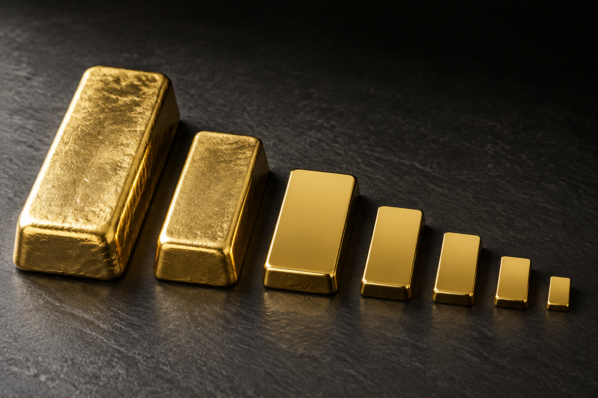 Lingots d'or de tailles décroissantes alignés sur une ardoise sombre, du plus gros au plus petit