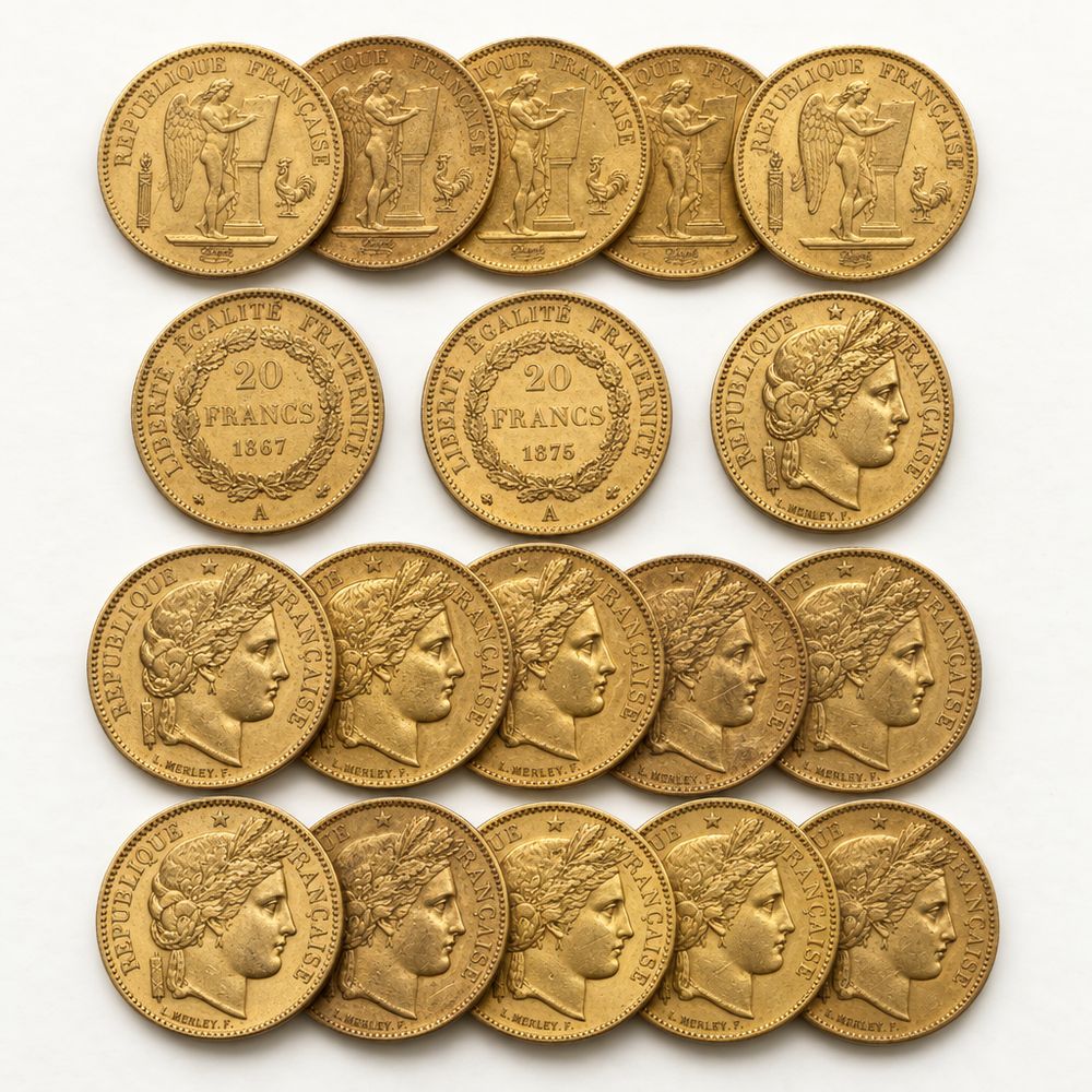 20 Francs en or, plusieurs pièces de 20 Francs de types différents